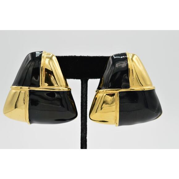 Givenchy Vintage Chunky Clip On Earrings Gold Black Enamel Huge Bold Signed BinW - Picture 1 of 10
